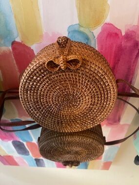 Woven Round Rattan Crossbody Bag - Brown